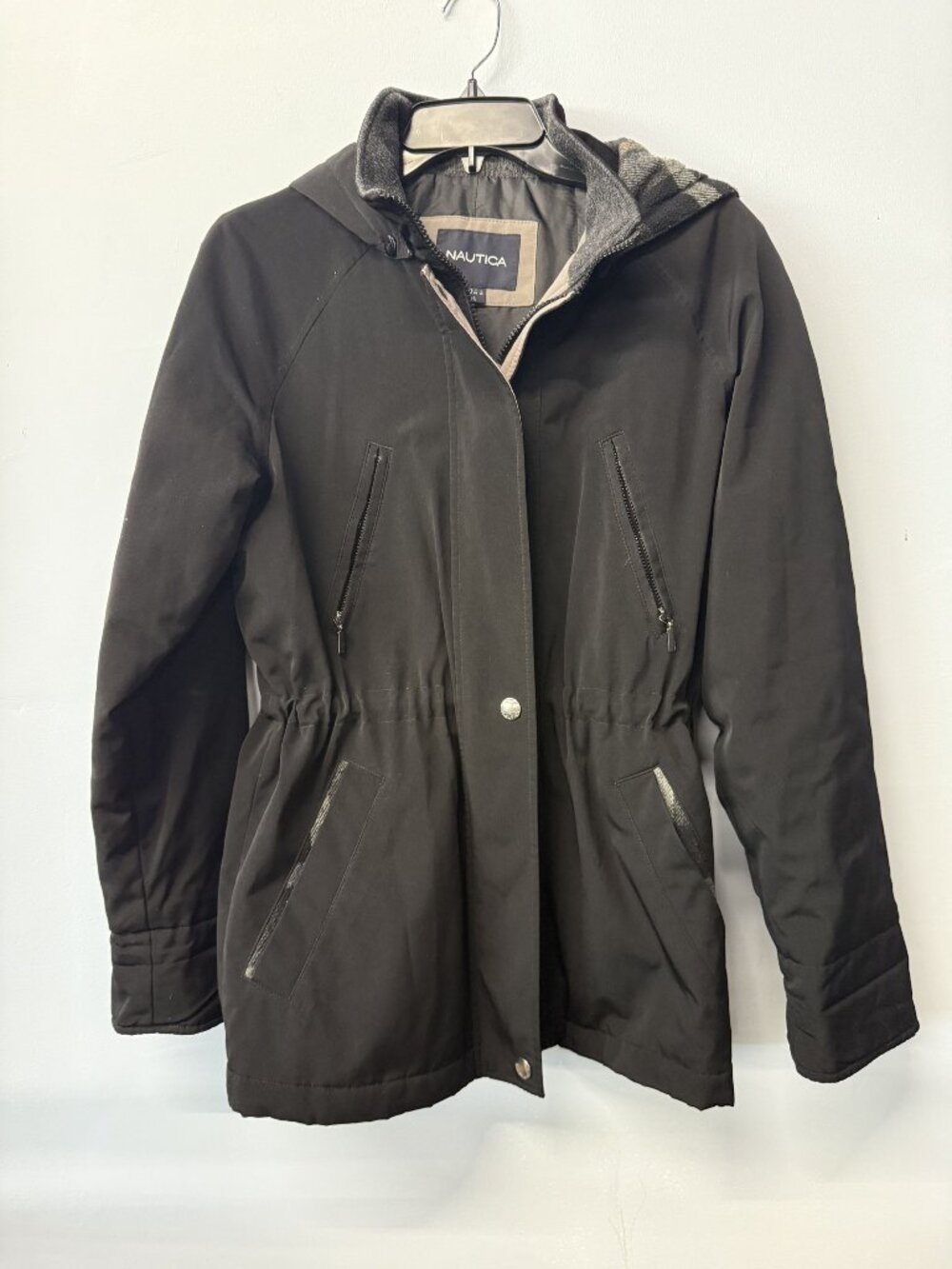 Nautica Womens Black Hooded Coat With Plaid Lining Size Small Drawstring Waist Z